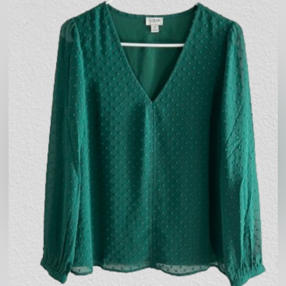 J Crew Factory Clip Dot V-Neck Top in Green Size Medium